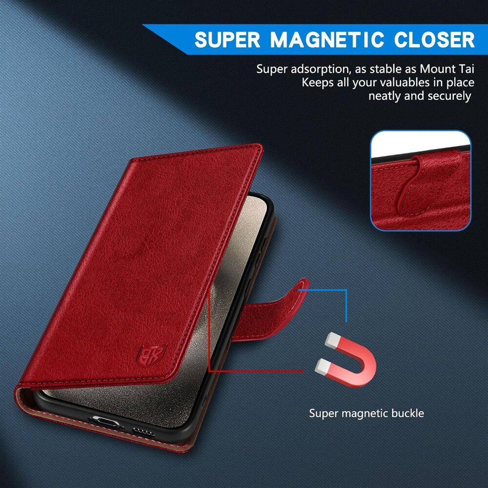OCASE Leather Wallet Case for iPhone 16 Pro - Red Magnetic Folio Card Holder